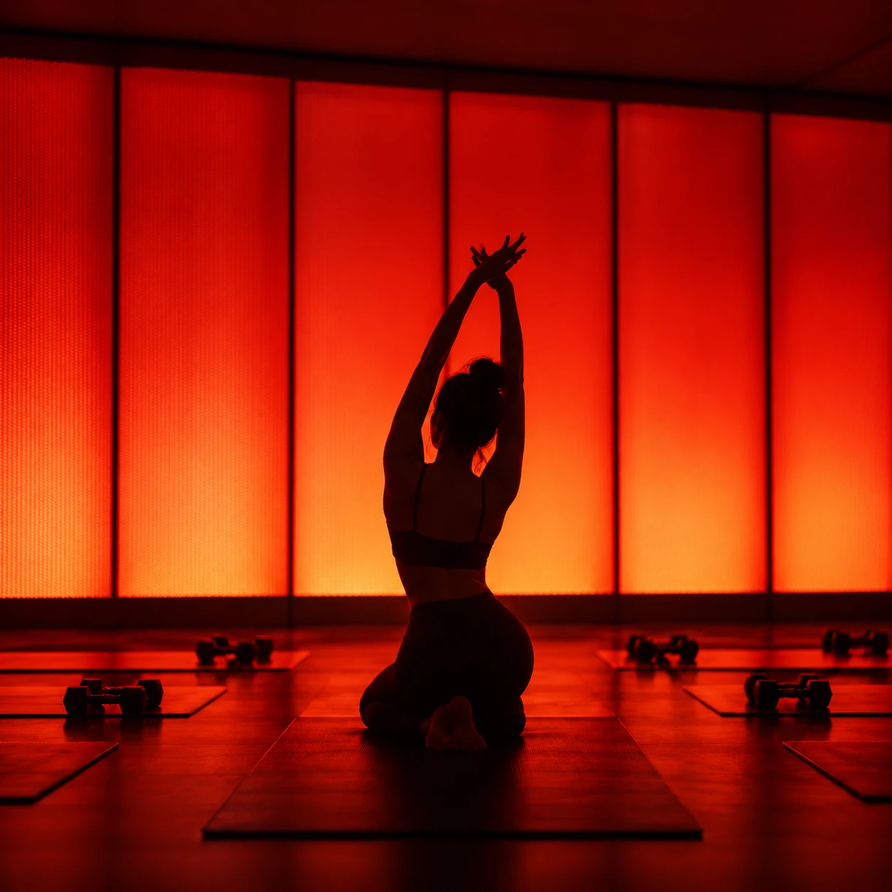 Kneeling with arms raised overhead