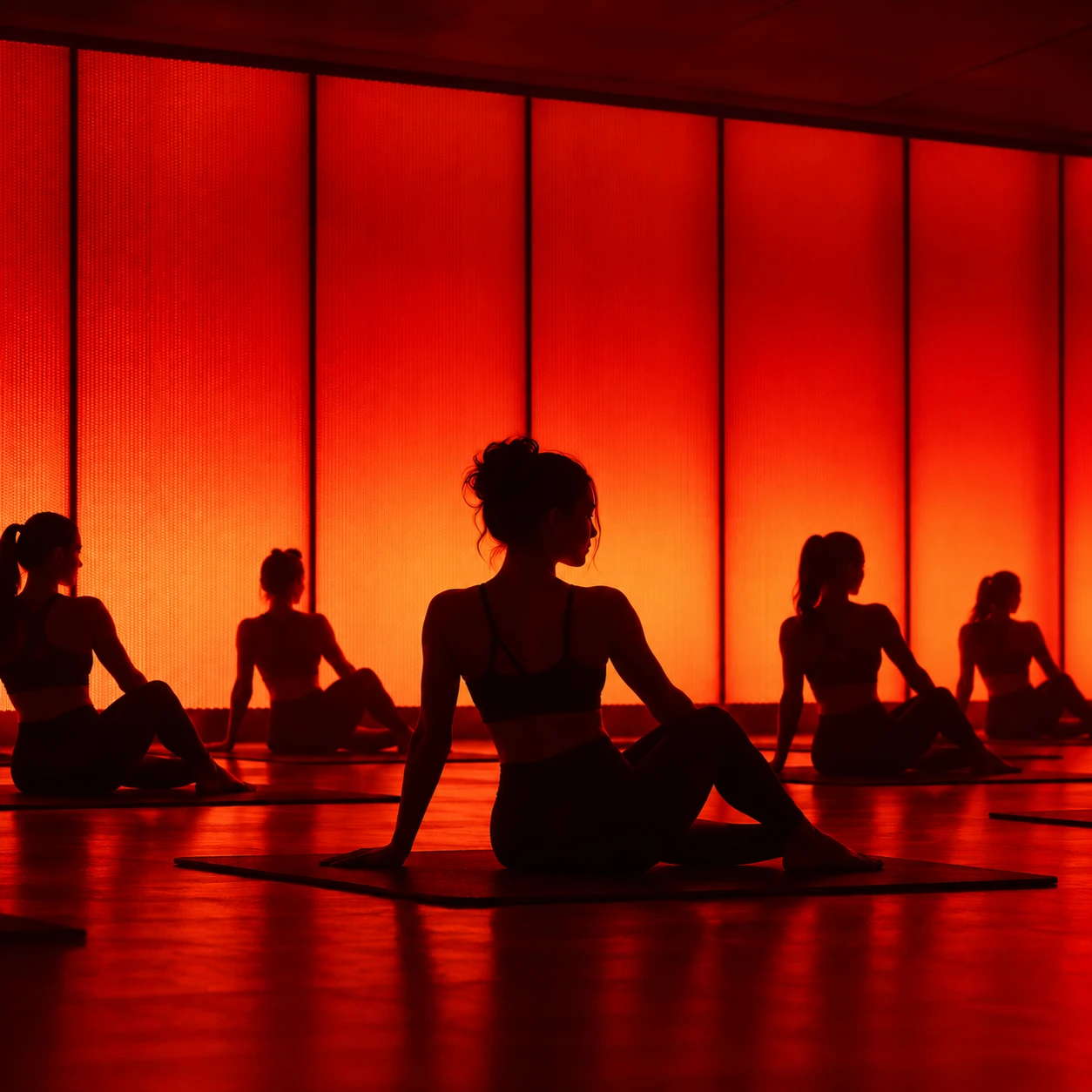 A class in seated twists under the infrared panels